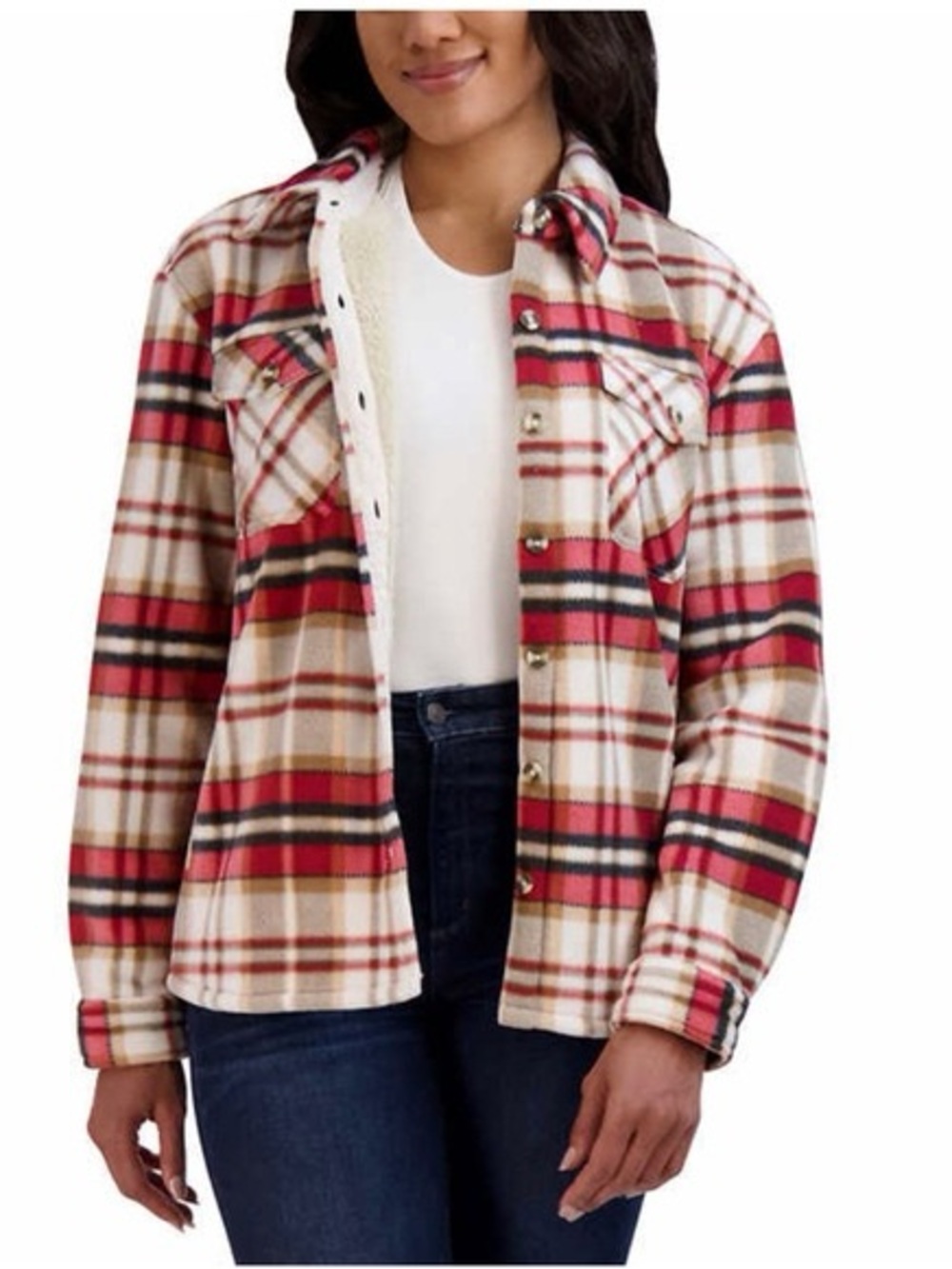 Sage Collective Red Plaid Sherpa Plush Lined Fleece Shirt shacket
